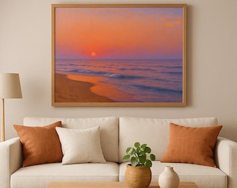 Peinture coucher de soleil sur l'océan, art serein de paysage marin côtier (téléchargement numérique)