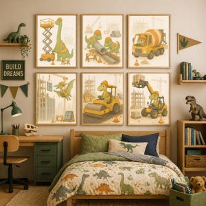 May include: A children's bedroom featuring framed dinosaur construction art prints, a dinosaur-themed bedspread, and decorative dinosaur figurines. The artwork depicts dinosaurs operating construction vehicles. The room has a desk, shelves, and a green and brown color scheme.