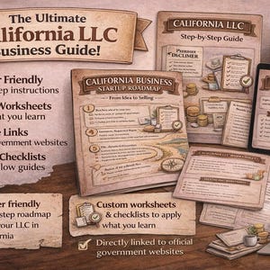 May include: An image of a business guide titled "The Ultimate California LLC Business Guide!" with step-by-step instructions, custom worksheets, and clickable links. The guide includes a startup roadmap, sales tax information, and detailed checklists. A laptop and tablet are also visible.