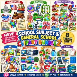 May include: A digital collection of 8 themed sheets featuring school subject clipart including government, biology, foreign language, art, computer science, nutrition, and health. The bundle includes 72 unique images and 96 DPI PNG files.