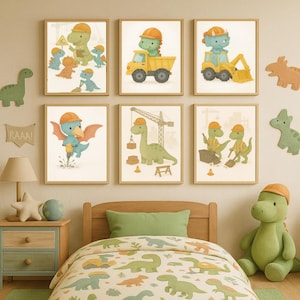 May include: Six framed dinosaur art prints in a child's bedroom. The prints feature cartoon dinosaurs wearing construction hats and working with construction equipment. The color palette includes shades of green, yellow, and orange. A green dinosaur plush toy sits on the floor.