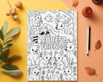 May include: A coloring book titled "Forest Friends" featuring line drawings of various woodland animals, including a squirrel, raccoon, deer, bear, and fox. The book is open, with a yellow and orange background.
