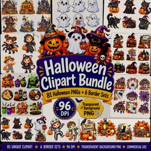 May include: A digital Halloween clipart bundle featuring 81 PNG images and 6 border sets with 96 DPI. The collection includes illustrations of ghosts, black cats, pumpkins, haunted houses, children in costumes, and festive treats on a transparent background.