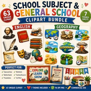 May include: A digital clipart bundle featuring 63 school-themed illustrations including a portrait of Shakespeare, books, globes, maps, and natural landscapes. The collection includes text labels for English and Geography subjects, plus decorative banners and icons.