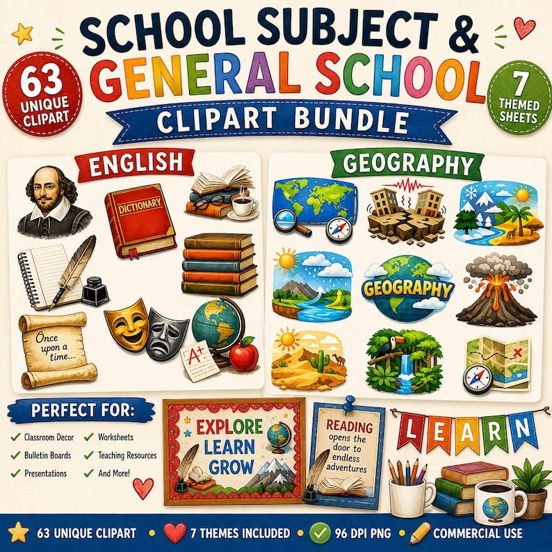 May include: A digital clipart bundle featuring 63 school-themed illustrations including a portrait of Shakespeare, books, globes, maps, and natural landscapes. The collection includes text labels for English and Geography subjects, plus decorative banners and icons.
