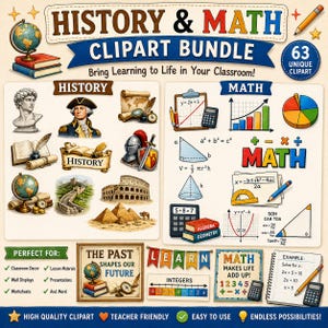 May include: A digital clipart bundle featuring educational graphics for history and math. The collection includes illustrations of globes, historical figures, ancient monuments, geometric formulas, calculators, charts, and rulers with text labels.