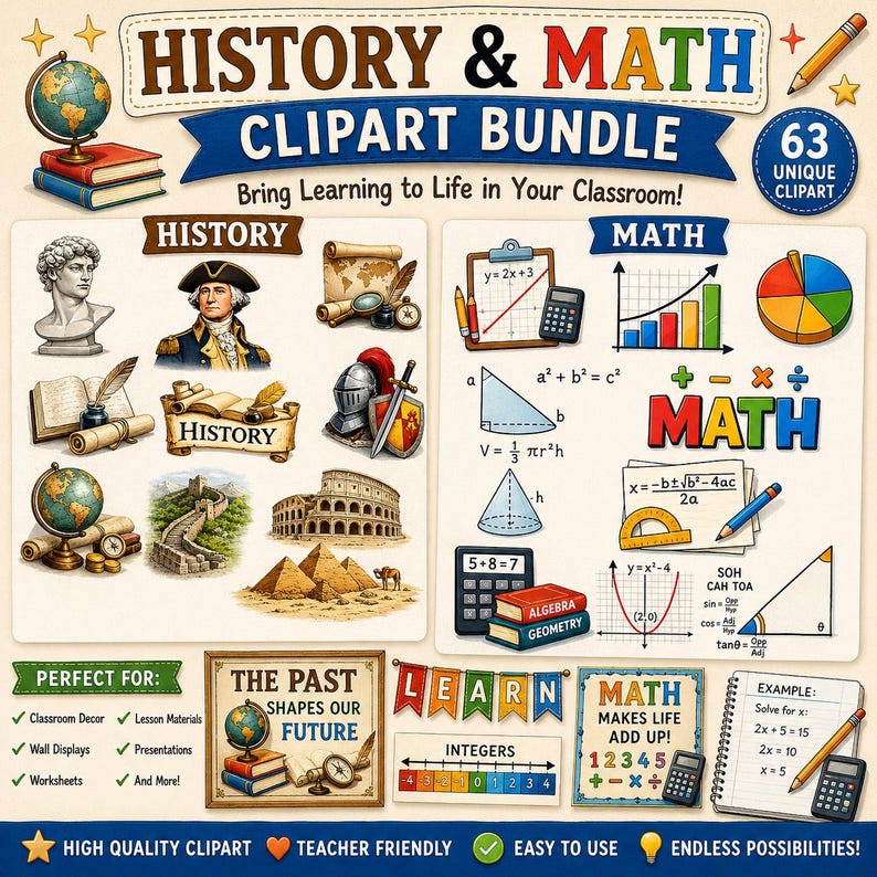 May include: A digital clipart bundle featuring educational graphics for history and math. The collection includes illustrations of globes, historical figures, ancient monuments, geometric formulas, calculators, charts, and rulers with text labels.