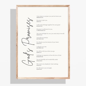 May include: A framed print with the words "God's Promises" in a stylish script. The print lists inspirational Bible verses in a minimalist design. The frame is a light wood colour, and the background is a soft off-white.