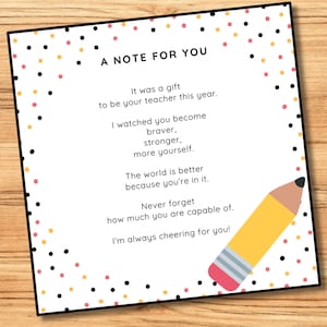 May include: A rectangular card with the text "A NOTE FOR YOU" and a poem for a teacher. The card has a black border and is decorated with colorful polka dots. A yellow pencil graphic is in the lower right corner.