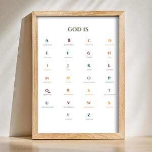 Könnte beinhalten: Ein gerahmter Druck mit den Worten "GOD IS" oben. Darunter wird das Alphabet mit einem Wort für jeden Buchstaben angezeigt, wie z. B. "A - Almighty" und "B - Bountiful". Der Druck befindet sich in einem hellen Holzrahmen.