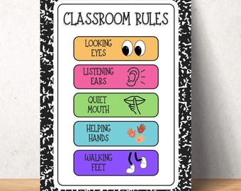 Póster de reglas del aula para preescolar y jardín de infantes. Tabla de reglas visuales para preescolar y jardín de infantes. Decoración de reglas del aula. Letrero sencillo de reglas de clase.