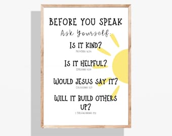 Afdrukbaar voordat je spreekt, christelijke klasposters, homeschool kamer kunst aan de muur, decor katholiek klaslokaal, zondagsschoolbijbel print