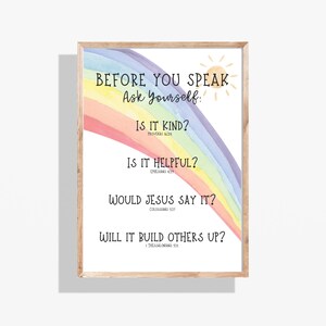 Before You Speak Printable Wall Art – Rainbow Bible Verse Poster for Kids, Christian Classroom Decor, Homeschool & Sunday School Wall Print