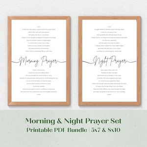 Puede incluir: Dos impresiones enmarcadas con marcos de madera. La impresión de la izquierda dice "Morning Prayer" y la impresión de la derecha dice "Night Prayer" en una escritura elegante. Debajo, el texto de cada oración es visible. El texto inferior dice "Morning & Night Prayer Set Printable PDF Bundle | 5x7 & 8x10".