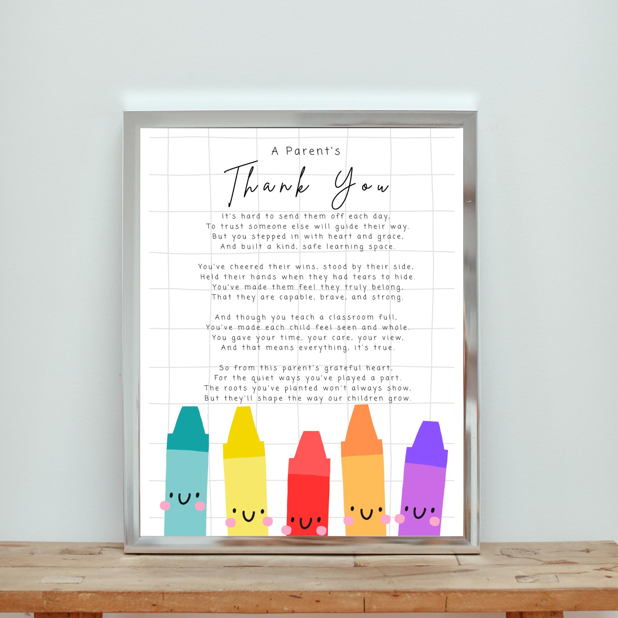 A Parent's Thank You Poem, Printable Teacher Gift, Teacher Appreciation ...