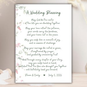 Bendición de boda imprimible, regalo de boda personalizado, nombres personalizados para novios, oración cristiana de matrimonio, arte de recuerdo para el día de la boda