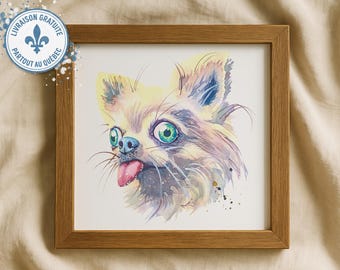 Könnte beinhalten: Aquarellporträt eines Hundes mit großen, ausdrucksstarken grünen Augen und herausgestreckter Zunge. Das Kunstwerk ist in einem hellbraunen Holzrahmen gerahmt. Das Fell des Hundes ist eine Mischung aus Gelb, Lila und Weiß, mit einer rosa Zunge.