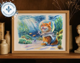 Underwater Cat Art Print | Funny Cat Wall Decor | Whimsical Cat Illustration | Cat Lover Gift