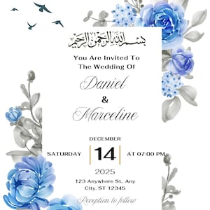 Editable Islamic Invitation – Blue Floral Nikah Walima Template