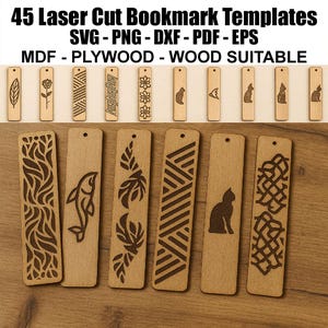45 wycinanych laserowo szablonów zakładek - pliki do grawerowania CNC / laserowego - 1,6" x 6,3" - kompatybilne z płytą MDF/drewnem/sklejką
