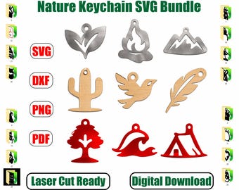 Bundel met sleutelhangers met outdoor-avonturenthema – 30 lasergesneden natuurontwerpen