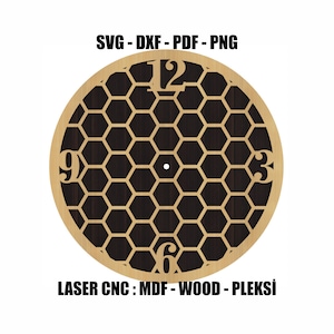 May include: A circular clock face design featuring a honeycomb pattern in light wood tones against a dark background. The numbers 12, 3, 6, and 9 are displayed in a serif font. Text at the top reads SVG - DXF - PDF - PNG and at the bottom LASER CNC : MDF - WOOD - PLEKSI.