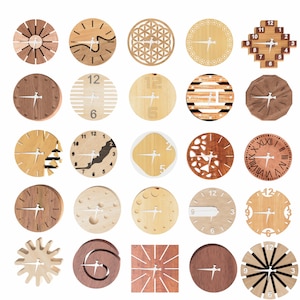 Puede incluir: Una colección de relojes de madera con varios diseños. Los relojes presentan diferentes formas, incluyendo redondas, cuadradas y patrones geométricos. Las esferas muestran números o números romanos, y las manecillas son simples. Los relojes están hechos de madera clara y oscura.