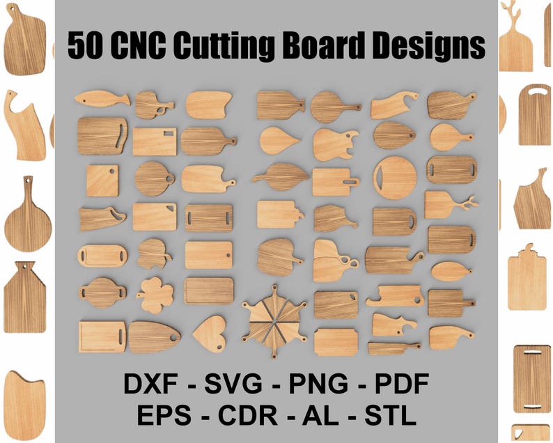 Op de afbeelding: Een verzameling van 50 CNC snijplankontwerpen in verschillende vormen en maten, gemaakt van lichtgekleurd hout. De afbeelding bevat de tekst "50 CNC Cutting Board Designs" en vermeldt bestandsformaten: DXF, SVG, PNG, PDF, EPS, CDR, AL en STL.