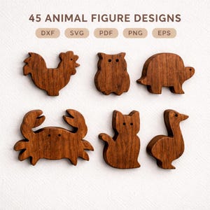 45 file di figurine di animali in piedi - Modelli di giocattoli in legno 2D - Per router CNC, taglio laser, seghetti alternativi. Giocattoli educativi per bambini