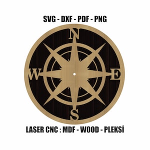 Può includere: Un design circolare a rosa dei venti con una stella color legno chiaro centrata su uno sfondo circolare marrone scuro. Le lettere N, S, E e W sono posizionate ai punti cardinali. Il testo recita SVG - DXF - PDF - PNG e LASER CNC : MDF - WOOD - PLEKSI.