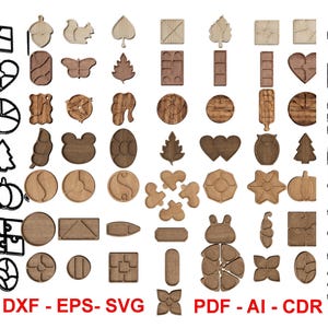 May include: A collection of wooden cutouts in various shapes, including leaves, hearts, and geometric designs. The image also features outlines of similar shapes. The text "DXF - EPS - SVG" and "PDF - AI - CDR" is displayed at the bottom.