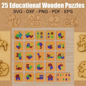 25 edukacyjnych drewnianych puzzli - pliki cięte laserowo CNC - zabawki edukacyjne dla dzieci - kompatybilne z płytą MDF/drewnem