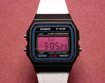 Custom Casio F91W Digital Watch: White Strap, Red Display & LED