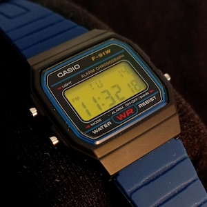 Custom &#39;Stealth&#39; Casio F91W Digital Watch - Blue strap with yellow display and blue LED backlight