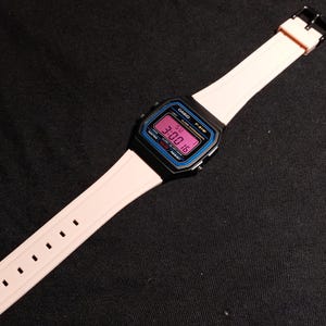 Custom &#39;Pastel&#39; Casio F91W Digital Watch - Pink strap with pink red display and red LED backlight