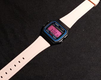 Custom Casio F91W Digital Watch: Pink Strap, Display & Red LED