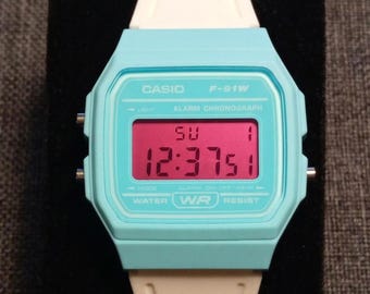 Custom Casio F91W Digital Watch (F-91WC-2AEF): Blue case, White Strap, Pink Red Display & LED