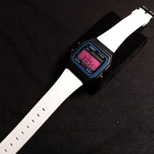 Custom &#39;Miami&#39; Casio F91W Digital Watch - White strap with pink red display and red LED backlight