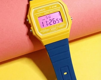 Custom Casio F91W Digital Watch (F-91WC-9AEF): Yellow case, Blue strap, Red display and White LED