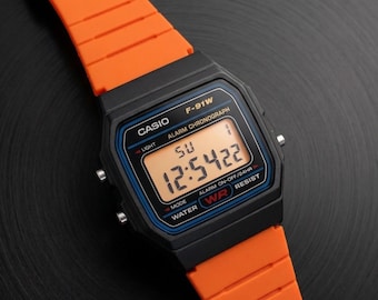 Custom Casio F91W Digital Watch: Orange Strap, Display & LED