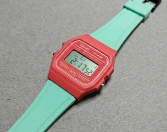 Custom Casio F91W Digital Watch: Pink Case, Mint Strap, Light Blue Display