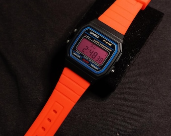 Custom Casio F91W Digital Watch: Red Strap, Display and LED