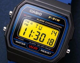 Custom Casio F91W Digital Watch: Blue Strap, Yellow Display & Blue LED