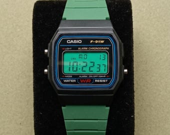 Custom Casio F91W Digital Watch: Green Strap, Display & LED