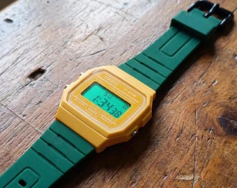 Custom Casio F91W Digital Watch (F-91WC-9AEF): Yellow case, Green strap, Green display and LED