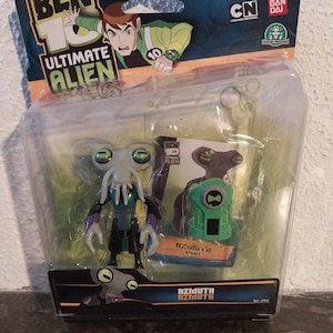 May include: A Ben 10 Ultimate Alien action figure set. The packaging features the show's logo and character art. The set includes a Rzmuth figure and a green device. The figure is in a clear plastic package.