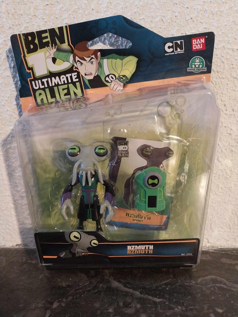 May include: A Ben 10 Ultimate Alien action figure set. The packaging features the show's logo and character art. The set includes a Rzmuth figure and a green device. The figure is in a clear plastic package.