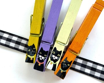 Hand Painted Black Cats Clothespins: Halloween Party Decor, Treat Bag Clips