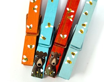 BLACK BEAR CLOTHESPINS hand painted magnets bears and honey bees woodland baby shower forest theme nursery bears with flowers