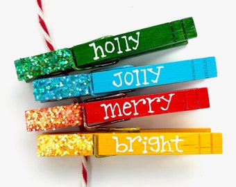 GLITTER CLOTHESPINS holly jolly merry bright hand painted magnetic clothespins Christmas clothespin place card holder hang cards glitter